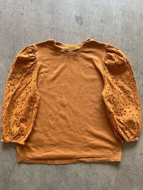 A New Day - Eyelet Long Sleeve Puff-Sleeve Top - Rust color - Size S
